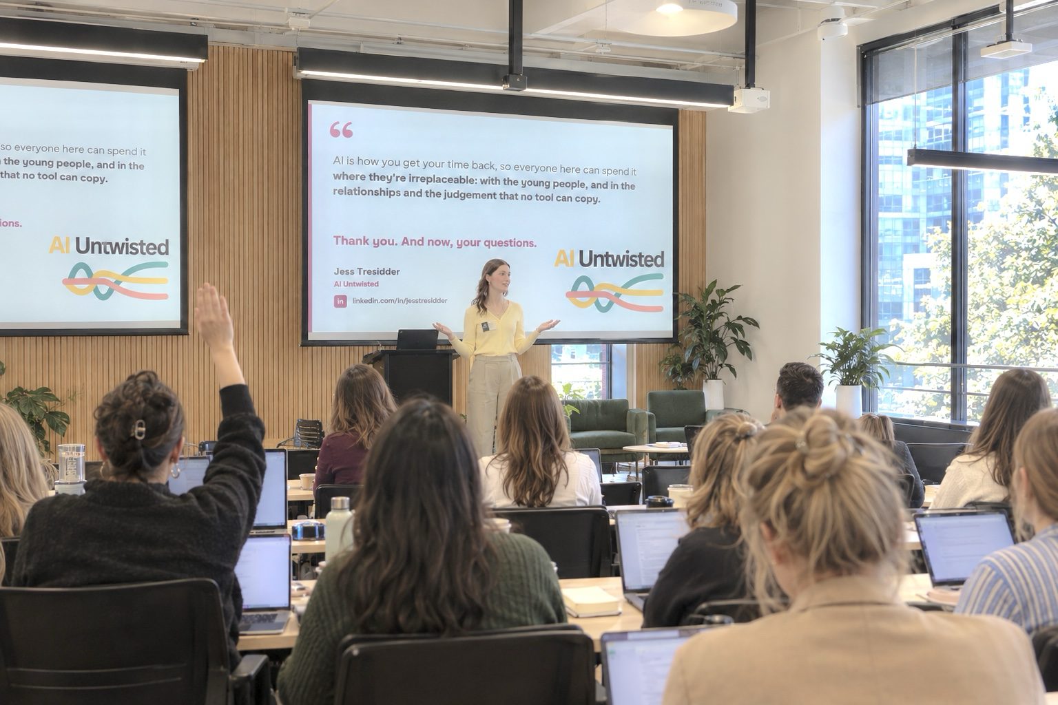 Jess Tresidder taking questions from a full room at an AI Untwisted workshop in Adelaide